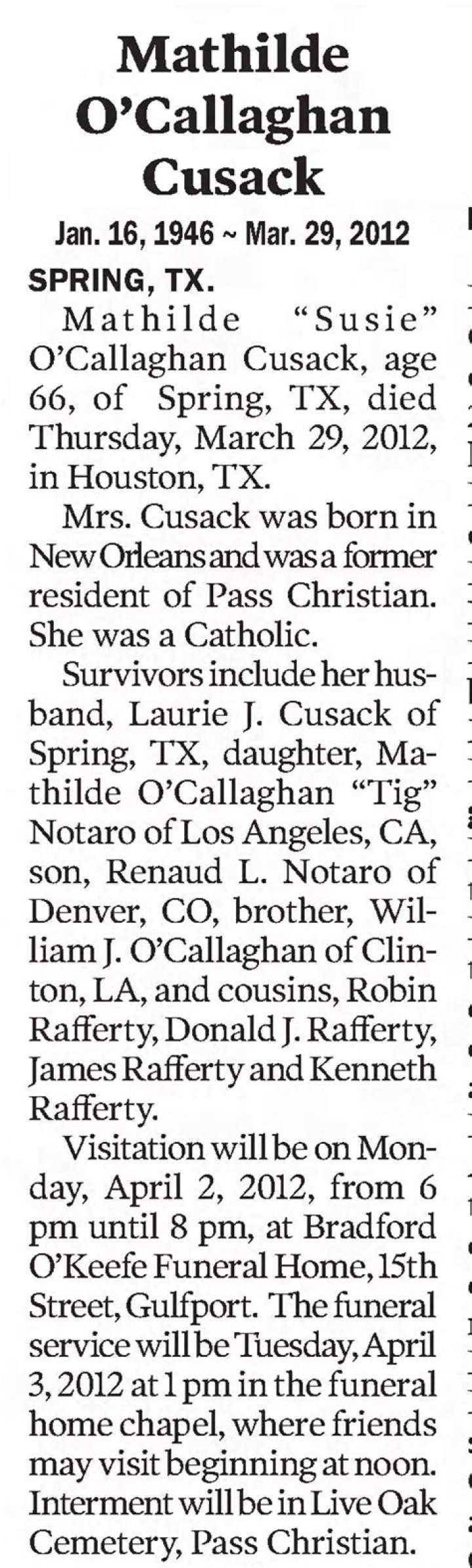 Mathilde Cusack (19462012) Obituary